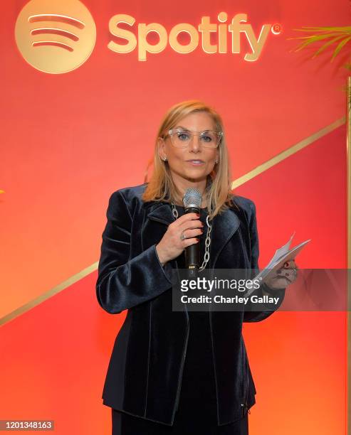 Spotify Chief Content Officer Dawn Ostroff speaks onstage during Spotify's Dawn Ostroff Hosts An Event Around Gender Equity at Chateau Marmont on...