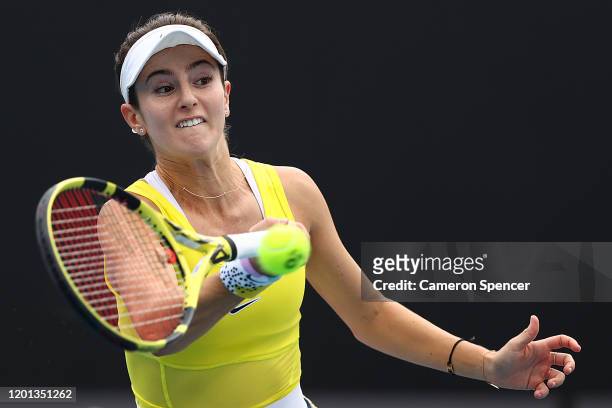 Catherine Bellis of the United States plays a forehand during her Women's Singles second round match against Karolina Muchova of Czech Republic on...