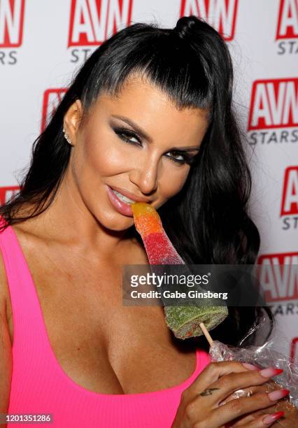 Adult film actress Romi Rain poses in the AVN Stars booth during the 2020 AVN Adult Expo at the Hard Rock Hotel & Casino on January 22, 2020 in Las...