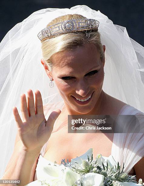 Zara Philips leaves Canongate Kirk on the afternoon of her wedding to Mike Tindall on July 30, 2011 in Edinburgh, Scotland. The Queen's granddaughter...