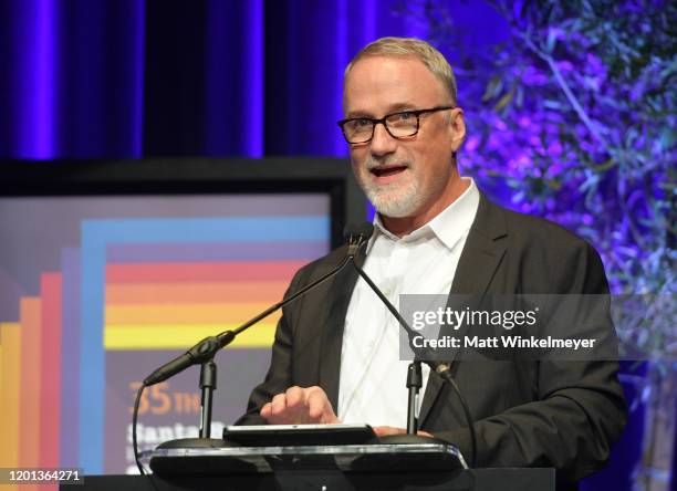 David Fincher speaks onstage at the Maltin Modern Master Award Honoring Brad Pitt during the 35th Santa Barbara International Film Festival at the...