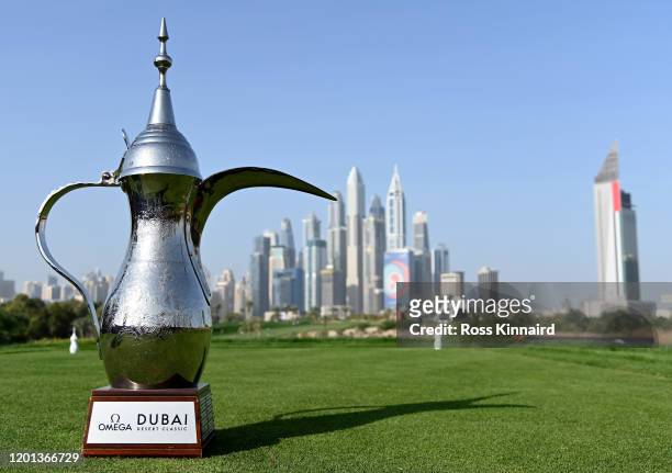 General view of the Omega Dubai Desert Classic trophy during the first round of the Omega Dubai Desert Classic at Emirates Golf Club on January 23,...