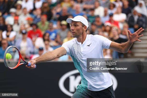 Ivo Karlovic of Croatia plays a backhand during his Men's Singles second round match against Gael Monfils of France on day four of the 2020...