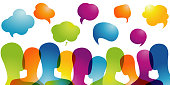 Crowd talking. Communication sharing and exchange of ideas between people.Dialogue group of many multiethnic and multicultural people. Color speech bubble. Social network. Community