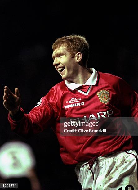 Paul Scholes of Manchester United celebrates a goal during the Champions League game against Valencia at Old Trafford, Manchester, England....