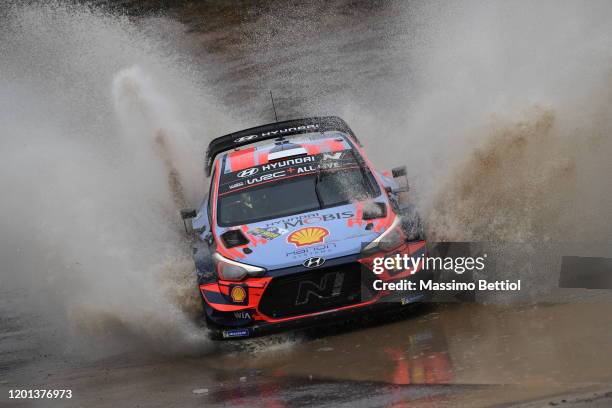 Ott Tanak of Estonia and Martin Jarveoja of Estonia compete with their Hyundai Shell Mobis WRT Hyundai i20 Coupe WRC during Day Three of the FIA...