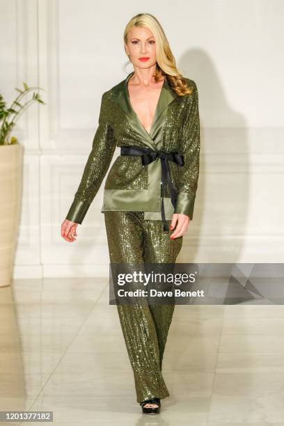 Caprice Bourret attends the Kolchagov Barba show during London Fashion Week February 2020 at Melia White House Hotel on February 16, 2020 in London,...