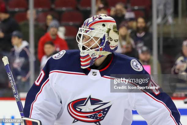 Columbus Blue Jackets goaltender Matiss Kivlenieks during warm ups prior to the National Hockey League game between the New Jersey Devils and the...