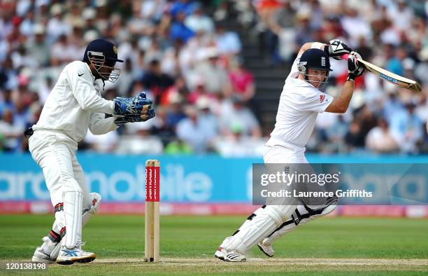 Ian Bell of England hits out to the boundary during the second npower Test match between England and India at Trent Bridge on July 31, 2011 in...