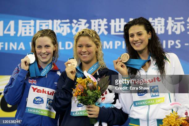 Gold medalist Elizabeth Beisel of the United States poses with silver medalist Hannah Miley of Great Britain and bronze medalist Stephanie Rice of...
