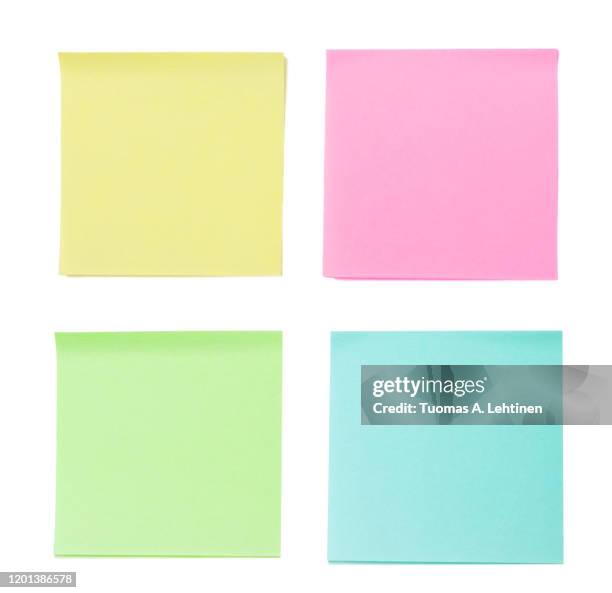 close-up of set of colorful and blank sticky notes with copy space for text or message. isolated on white background. - papel adesivo imagens e fotografias de stock