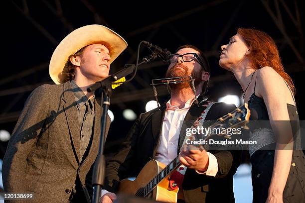 David Rawlings, Colin Meloy and Gillian Welch. Welch and Rollins perform with The Decemberists during the 2011 Newport Folk Festival at Fort Adams...