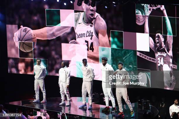 Trae Young, Kemba Walker, Pascal Siakam, Joel Embiid, and Giannis Antetokounmpo of Team Giannis get introduced during the 69th NBA All-Star Game on...