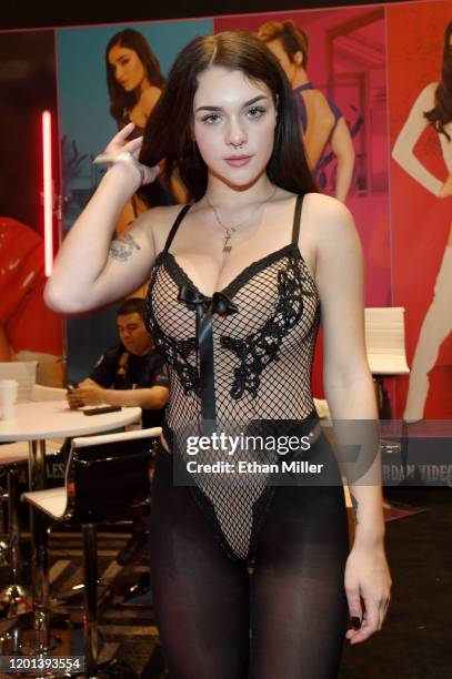 Adult film actress Gabbie Carter poses at the Jules Jordan Video booth at the 2020 AVN Adult Entertainment Expo at the Hard Rock Hotel & Casino on...