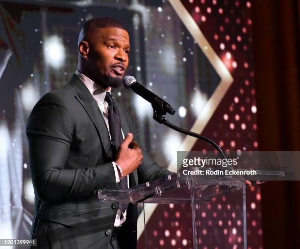 Jamie Foxx speaks at The African American Film Critics Association's 11th Annual AAFCA Awards at Taglyan Cultural Complex on January 22, 2020 in...