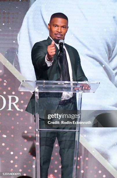 Jamie Foxx speaks at The African American Film Critics Association's 11th Annual AAFCA Awards at Taglyan Cultural Complex on January 22, 2020 in...