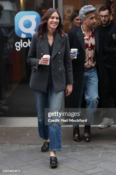 Alexa Chung and Tan France seen leaving the Global Radio Studios on January 23, 2020 in London, England.