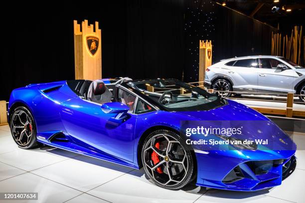 Lamborghini Huracan EVO Spyder convertible sports car on display at Brussels Expo on January 8, 2020 in Brussels, Belgium. The Lamborghini Huracan...