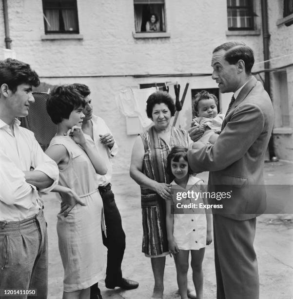 British Liberal Party politician Jeremy Thorpe speaking to Gibraltarian refugees on their arrival from Spain, 11th July 1965.
