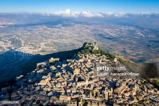 aerial top down view of town erice in province of trapani in sicily italy. - erice imagens e fotografias de stock