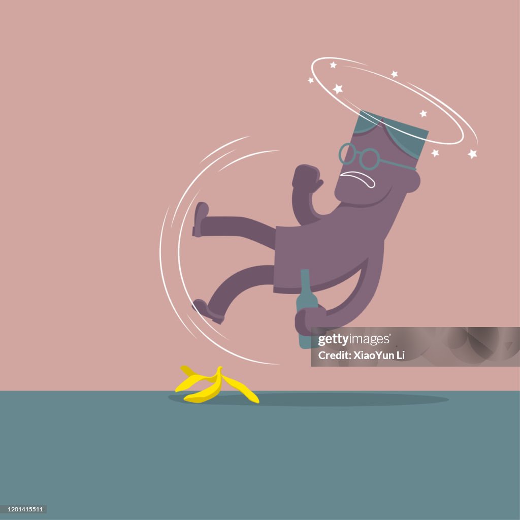 A drunk man. Step on the banana peel. Fall down.