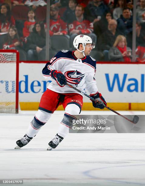 Nathan Gerbe of the Columbus Blue Jackets skates in the first-period against the New Jersey Devils during the game at the Prudential Center on...