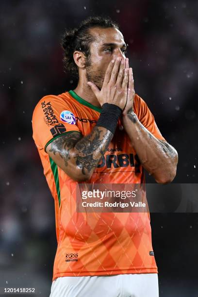 Daniel Osvaldo of Banfield reacts after missing a chance to score during a match between River Plate and Banfield as part of Superliga 2019/20 at...