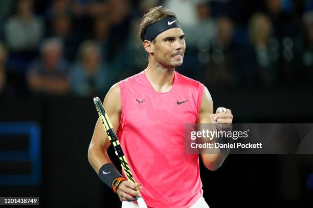 Rafael Nadal of Spain celebrates after winning a point during his Men's Singles second round match against Federico Delbonis of Argentina on day four...