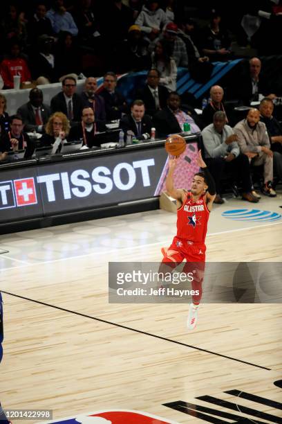 Trae Young of Team Giannis shoots a half court buzzer beater during the NBA All Star Game on February 16, 2020 at United Center in Chicago, Illinois....