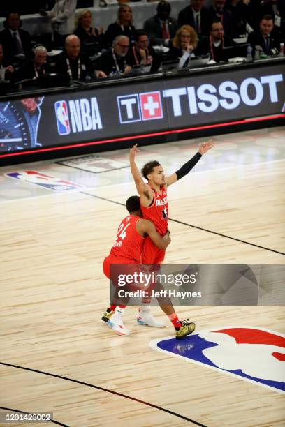 Trae Young of Team Giannis reacts to a buzzer beater during the NBA All Star Game on February 16, 2020 at United Center in Chicago, Illinois. NOTE TO...