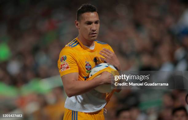 Jesus Dueñas of Tigres gets the ball during the 6th round match between Santos Laguna and Tigres UANL as part of the Torneo Clausura 2020 Liga MX at...