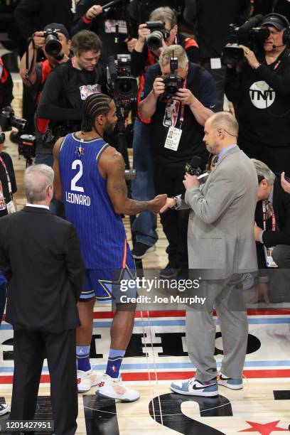 Kawhi Leonard of Team LeBron is awarded the Kobe Bryant All Star Game MVP Award during the 69th NBA All-Star Game on February 16, 2020 at the United...