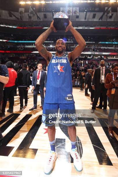 Kawhi Leonard of Team LeBron is rewarded the Kobe Bryant All-Star Game MVP Award the during the 69th NBA All-Star Game on February 16, 2020 at the...