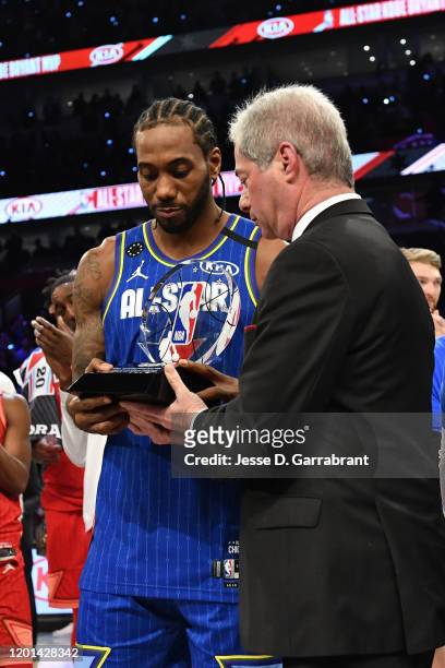 Kawhi Leonard of Team LeBron is awarded the Kobe Bryant All Star Game MVP Award during the 69th NBA All-Star Game on February 16, 2020 at the United...