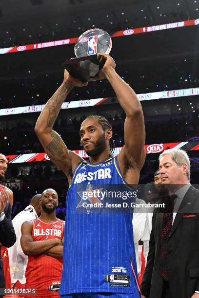 Kawhi Leonard of Team LeBron is awarded the Kobe Bryant All Star Game MVP Award during the 69th NBA All-Star Game on February 16, 2020 at the United...