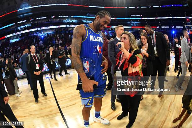 Kawhi Leonard of Team LeBron is interviewed on the court after being awarded Kobe Bryant All Star Game MVP Award during the 69th NBA All-Star Game on...