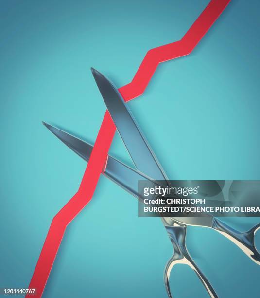 scissors cutting a rising line graph, illustration - cutting stock illustrations