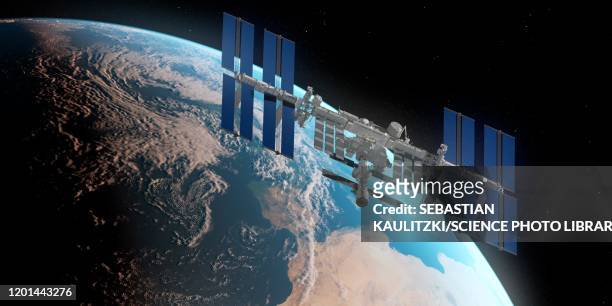 iss and earth, illustration - space station stock illustrations