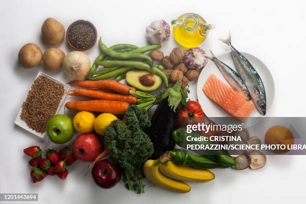 vegetables, fruit, olive oil and fish - mediterranean food stock pictures, royalty-free photos & images