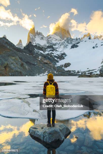 femme restant et regardant la montagne de fitz roy en patagonie - cerro fitzroy photos et images de collection