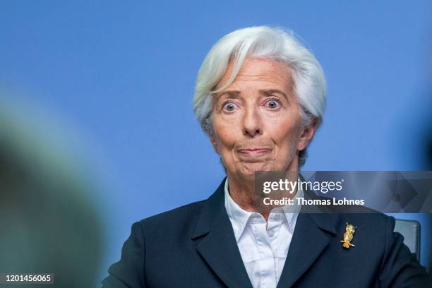 Christine Lagarde, President of the European Central Bank , speaks to the media following a meeting of the ECB's Governing Council on January 23,...