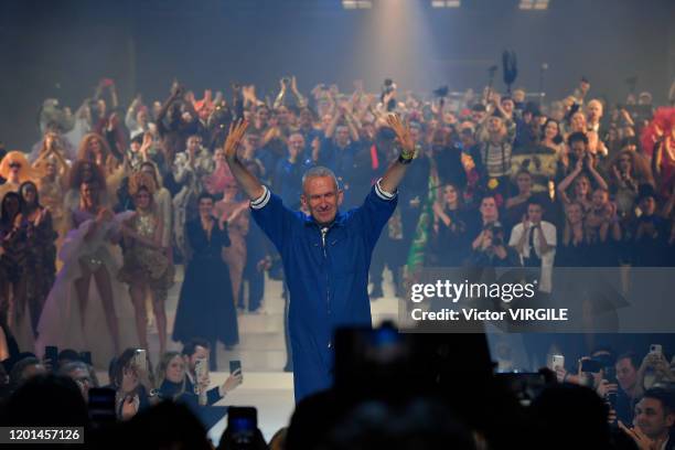 Fashion designer Jean Paul Gaultier, singer Boy George and models during the Jean-Paul Gaultier Haute Couture Spring/Summer 2020 fashion show as part...
