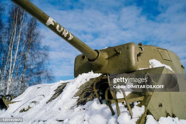 World War Two era tanks are on display at a WWII military historical museum in the village of Lenino, outside Moscow, on February 15, 2020. - Russia...