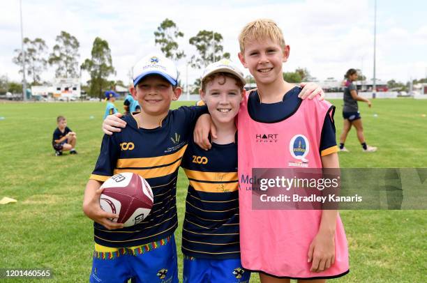 Group of young boys from the Dalby Juniors Club poses for a photo during the 2020 QLD Super Rugby Season Launch at Dalby Leagues Club on January 23,...