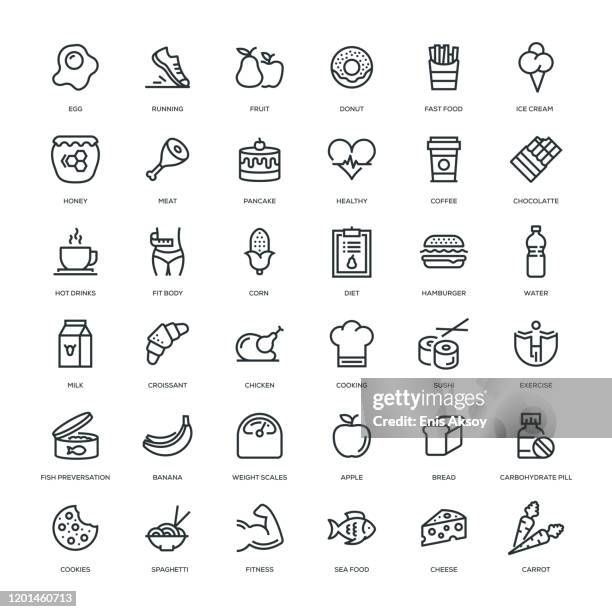 ilustraciones, imágenes clip art, dibujos animados e iconos de stock de conjunto de iconos de nutrición y ejercicio - calcio sport