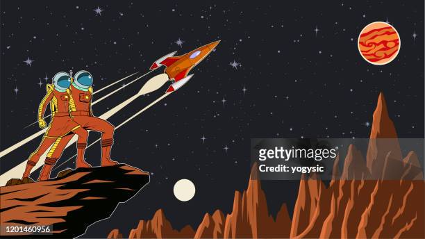 ilustraciones, imágenes clip art, dibujos animados e iconos de stock de vector retro astronaut couple en un planeta con ilustración de fondo del espacio exterior - pop fly