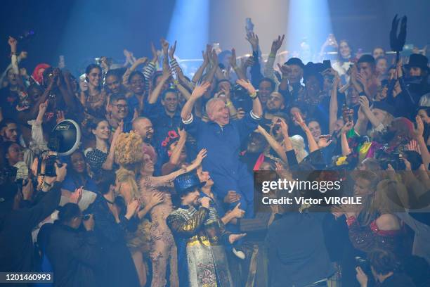 Fashion designer Jean Paul Gaultier, singer Boy George and models during the Jean-Paul Gaultier Haute Couture Spring/Summer 2020 fashion show as part...