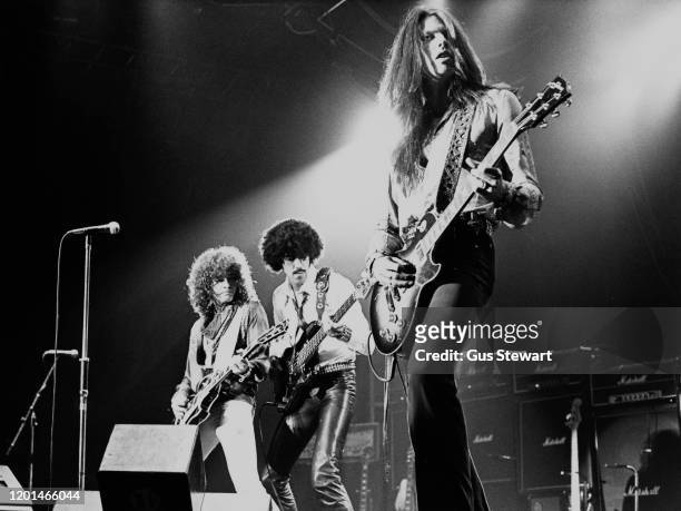 Musicians Brian Robertson, Phil Lynott , Scott Gorham of hard rock band Thin Lizzy performing live, circa 1978.