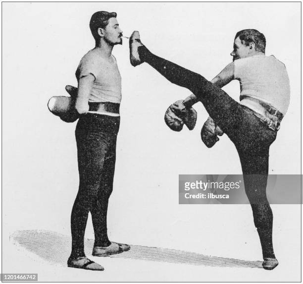 ilustraciones, imágenes clip art, dibujos animados e iconos de stock de foto antigua: kickboxing - vintage wrestling