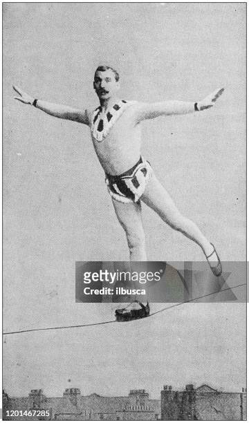 illustrazioni stock, clip art, cartoni animati e icone di tendenza di foto antica: rope walker acrobat - di archivio